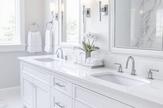 Bright, clean, modern white bathroom with double sink vanity, chrome faucets, and orchid decoration