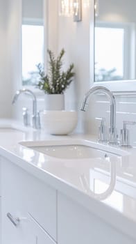 Bright, clean, modern white bathroom featuring a chrome faucet, sink, and a green plant