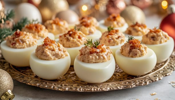 Deviled eggs, a classic holiday appetizer, garnished with crumbled bacon and fresh dill, presented on an elegant golden tray amidst festive christmas decorations
