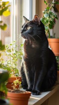 Black domestic cat sits on windowsill, surrounded by plants, enjoying sunlight