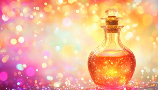 Orange magic potion glowing in a glass bottle with cork stopper on a sparkling glitter background with bokeh