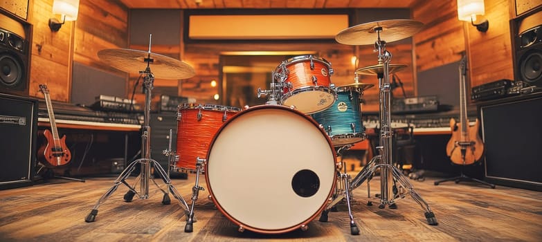 Drum set ready for recording session in professional music studio