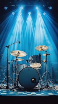 Drum set bathed in blue light on stage, ready for a live music performance