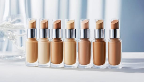 Foundation bottles with different shades standing on white surface are ready for makeup application