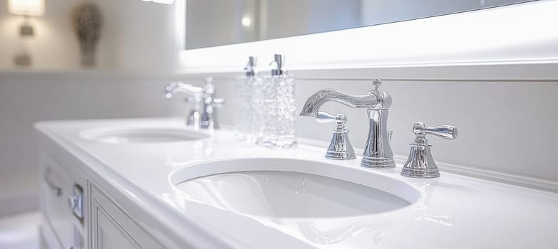 Elegant white bathroom features chrome faucets, sinks, and a crystal soap dispenser, creating a luxurious and pristine atmosphere