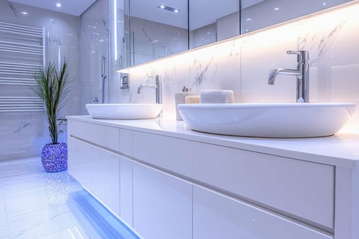 Luxurious white bathroom featuring two sinks, ambient lighting and marble tiles