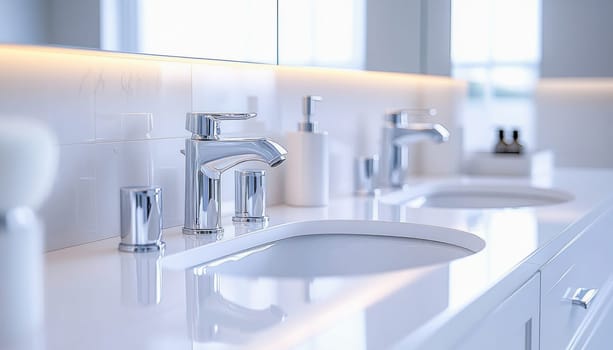 Chrome faucets and oval sinks highlight the elegance of a modern bathroom design, enhanced by subtle lighting