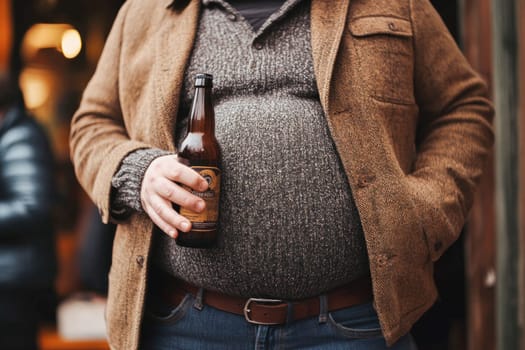 Overweight man holding a beer bottle, showing his big belly and suffering from obesity