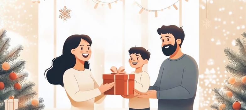 Parents giving christmas present to their son near the christmas tree, winter holidays celebration at home