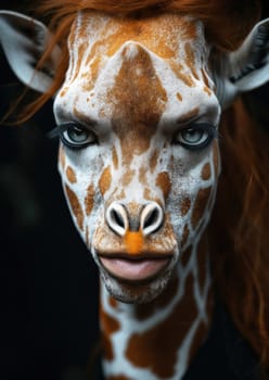 Close up of giraffe face with striking blue eyes and unusual human like lips, creating a surreal and captivating image