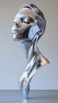 Polished chrome bust sculpture of a woman with closed eyes, reflecting light in a modern art gallery
