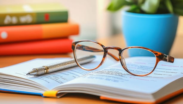 Open book with reading glasses and a pen resting on a wooden desk, a stack of books and potted plant provide a soft background