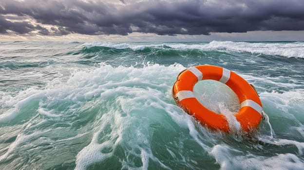 Life preserver floating on turbulent ocean waves, symbolizing hope and rescue during challenging times