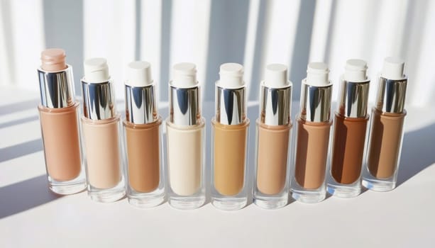 Foundation bottles are lined up showing a range of shades for diverse skin tones, promoting inclusivity in beauty products