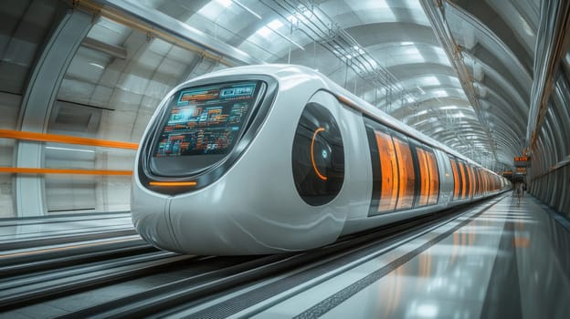 Futuristic subway train arriving at an underground station platform with computer code displayed on a screen, showcasing advanced transportation technology