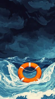Orange lifebuoy floating on a stormy sea with dramatic dark clouds, offering a symbol of hope and rescue in a challenging situation