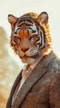 Tiger headed man wearing formal suit posing in front of green curtain, concept of power and elegance
