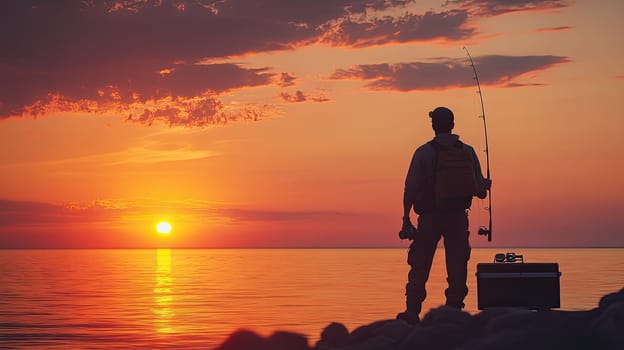An angler stands in silhouette at the water's edge, holding a fishing rod as the sun sets, casting vibrant colors across the sky and reflecting on the calm lake water.