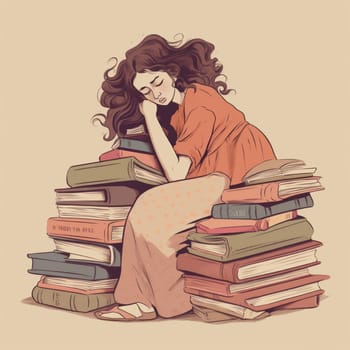 Portrait of a tired girl on the background of books. High quality photo