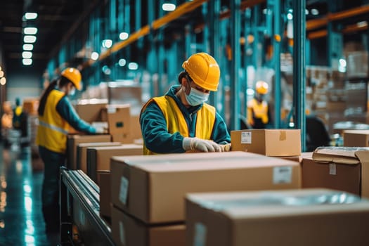 Efficient warehouse workers in safety gear are organizing and preparing boxes for shipment in a busy distribution center, ensuring smooth logistics operations.