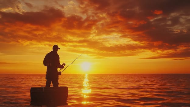A fisherman stands on a platform, casting his fishing line into the calm ocean waters as the sun sets, creating a stunning backdrop of vibrant colors in the sky.
