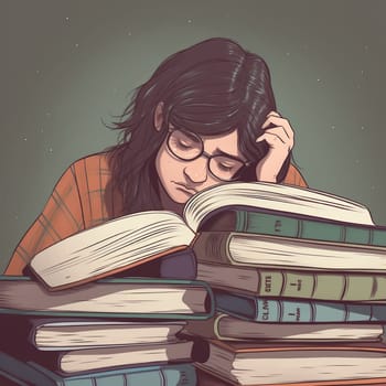 Portrait of a tired girl on the background of books. High quality photo