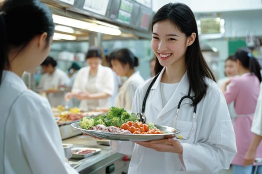 A cheerful female healthcare worker presents a healthy meal on a platter in a busy kitchen, highlighting the importance of nutrition and teamwork in food service environments.