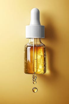 Glass dropper bottle filled with a golden liquid is dripping, showcasing its potential for beauty, health, or pharmaceutical applications