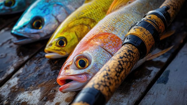 Freshly caught vibrant fish lay on a wooden table, showcasing their distinct colors and features. A fishing rod rests nearby, indicating a successful fishing trip at a natural waterbody.