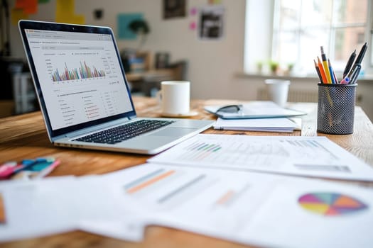 A modern and organized workspace showcases a laptop with graph displays, a stylish coffee cup, colorful stationery, and scattered reports on a rustic wooden table.