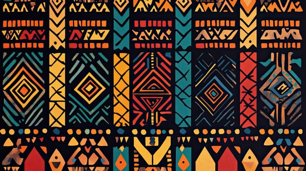 A striking tribal pattern showcases vibrant colors and geometric shapes arranged symmetrically on a dark backdrop. The intricate designs reflect cultural artistry and creativity.