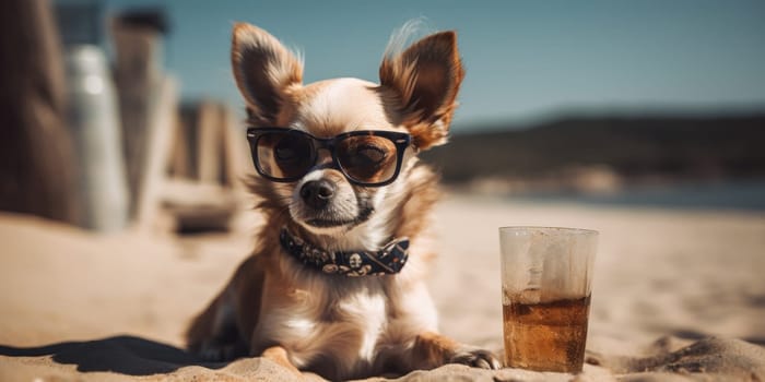 Funny glamorous dog with a cocktail on the beach. Portrait of a chihuahua who is resting during his vacation on the beach. High quality photo
