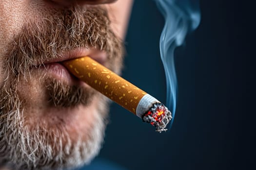 A captivating close-up image of a man smoking a cigarette, showcasing the smoke rising and the intricate details of facial hair and tobacco, evoking contemplation and atmosphere.