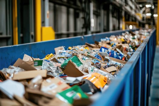 A blue container filled with a variety of recyclable materials showcases the significance of effective waste management and recycling initiatives in urban environments, promoting sustainability.