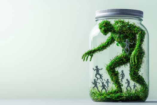 This striking image depicts a green giant made of foliage within a transparent jar, symbolizing the relationship between nature and humanity. It provokes thought on environmental themes.