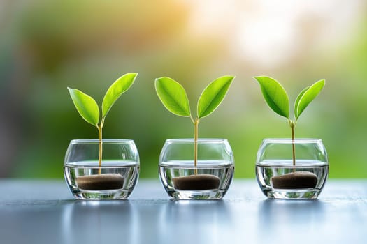A serene image featuring fresh green leaves growing in glass vases filled with water, symbolizing life, growth, and a connection to nature in a tranquil setting.