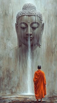 Buddhist monk wearing an orange kasaya walking on a stone surface towards a giant buddha head