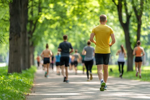 A vibrant scene showing a group of individuals jogging along a tree-lined path, basking in warm sunlight, showcasing the joy of outdoor exercise and community in nature.
