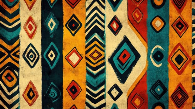 Vibrantly colored tribal design showcases an array of geometric shapes, stripes, and diamonds, displaying artistry and cultural significance. The background is textured, enhancing the visual impact.