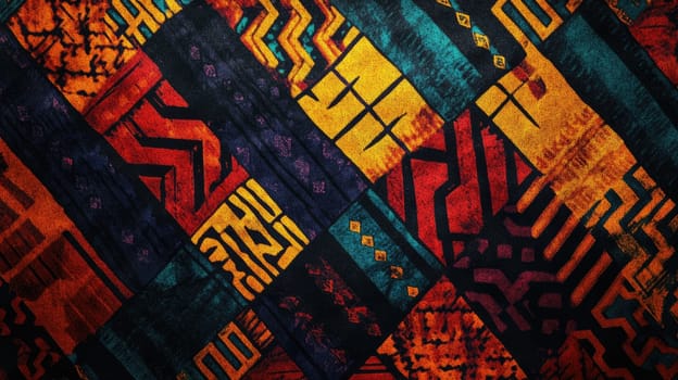 A close-up view of colorful geometric patterns on fabric featuring deep reds, blues, yellows, and intricate designs that showcase traditional textile artistry and craftsmanship.