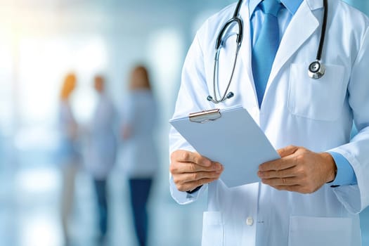 A healthcare professional stands holding a clipboard in a modern medical facility, embodying professionalism and readiness for patient care amidst blurred colleagues.