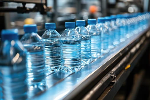 A sleek, modern factory setting displays a production line with rows of bottled water, showcasing the efficiency and clarity of beverage manufacturing processes in an industrial environment.