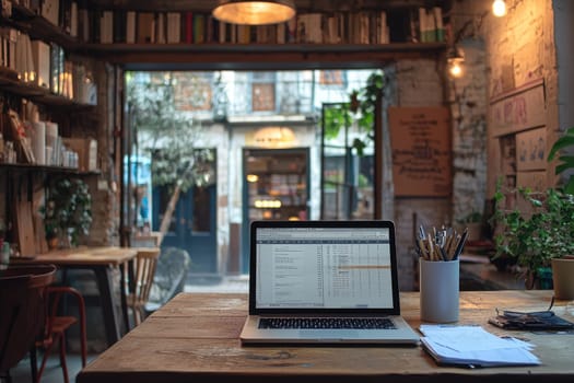 A stylish cafe workspace featuring a laptop on a wooden table, surrounded by plants and bookshelves, offering an inviting view of the street outside for a creative atmosphere.