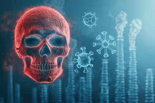 A striking digital artwork featuring a red skull symbolizing danger, surrounded by viruses and smoke stacks, reflecting health risks and environmental concerns in contemporary society.