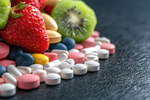 A captivating arrangement featuring fresh fruits and a variety of colorful pills, highlighting the contrast between natural nutrition and health supplements. Perfect for health topics.