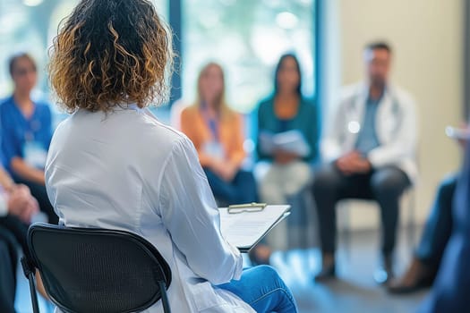 A healthcare professional leads a collaborative discussion in a bright conference room, engaging participants in a supportive and interactive atmosphere for effective communication and growth.