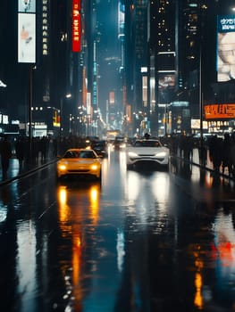 A bustling city street illuminated by neon lights reflecting off wet pavement in the rain at night.