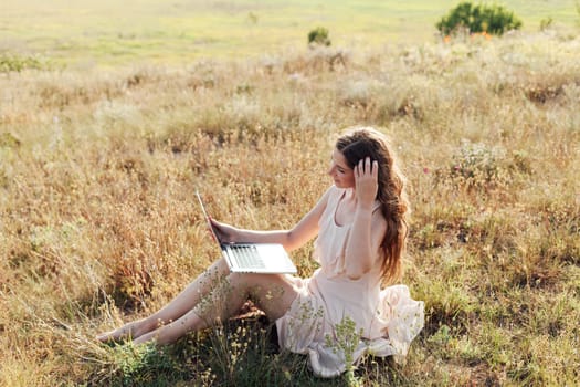 Woman Working on Youtubebook Online In Nature Remotely