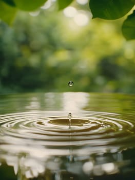 A single water droplet creates ripples in a serene pond, surrounded by lush greenery and tranquility.