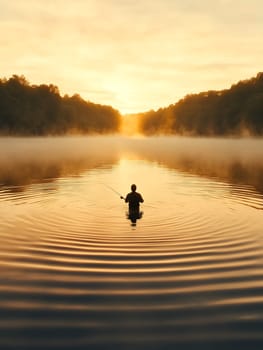 A lone fisherman stands in the water at sunrise, surrounded by mist and golden light, creating a serene scene.